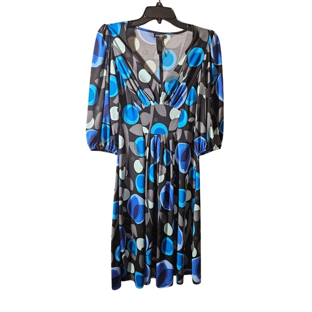 Bisou‎ Bisou  Blue Geometric Circle Print V-Neck Puff Sleeve Dress 8